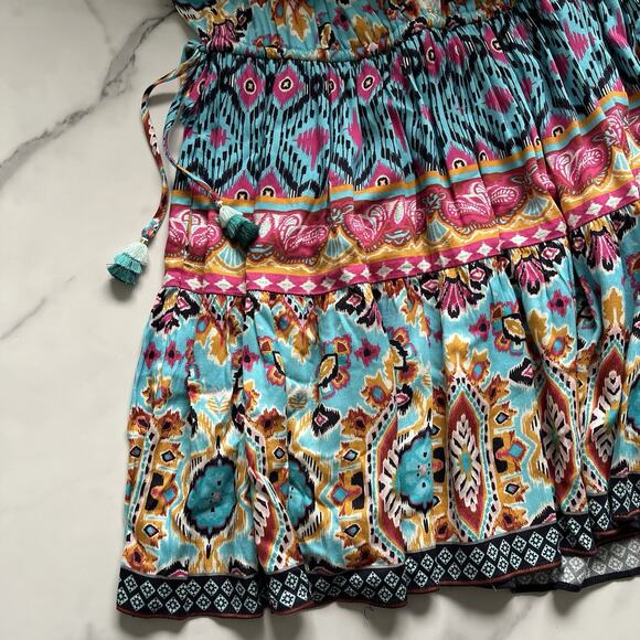 Hale Bob Oona mini Dress turquoise blue print Size M Boho chic Western Festival - Picture 9 of 12